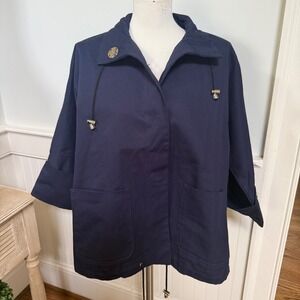 NWT MarlaWynne Navy Blue Cotton Utility Jacket Storm Flap Gold Hardware Women M